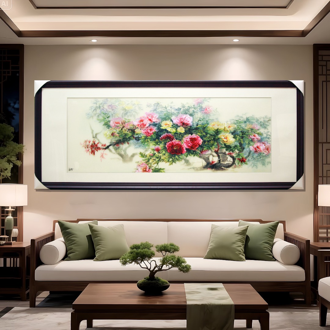 客厅沙发上方的横幅牡丹刺绣挂画