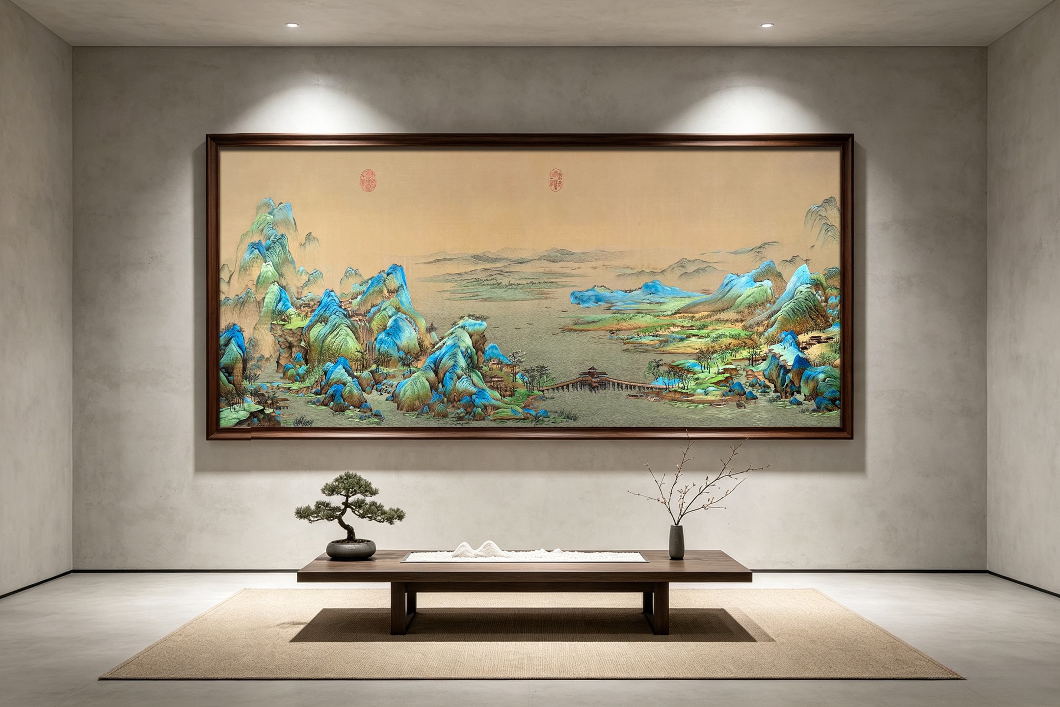 现代大宅客厅墙面的横幅青绿山水刺绣挂画