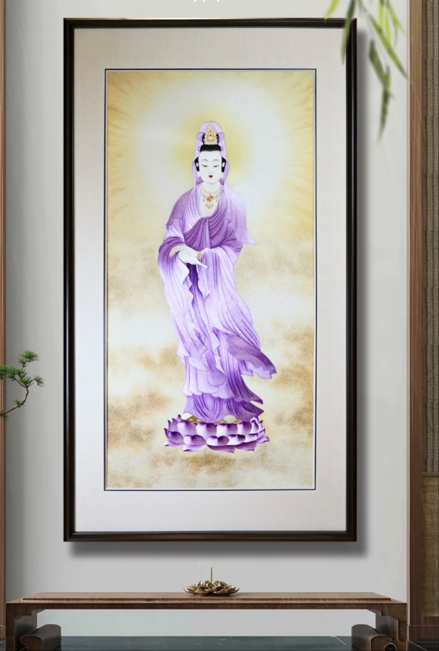 苏绣佛像作品，紫衣观音室内陈列