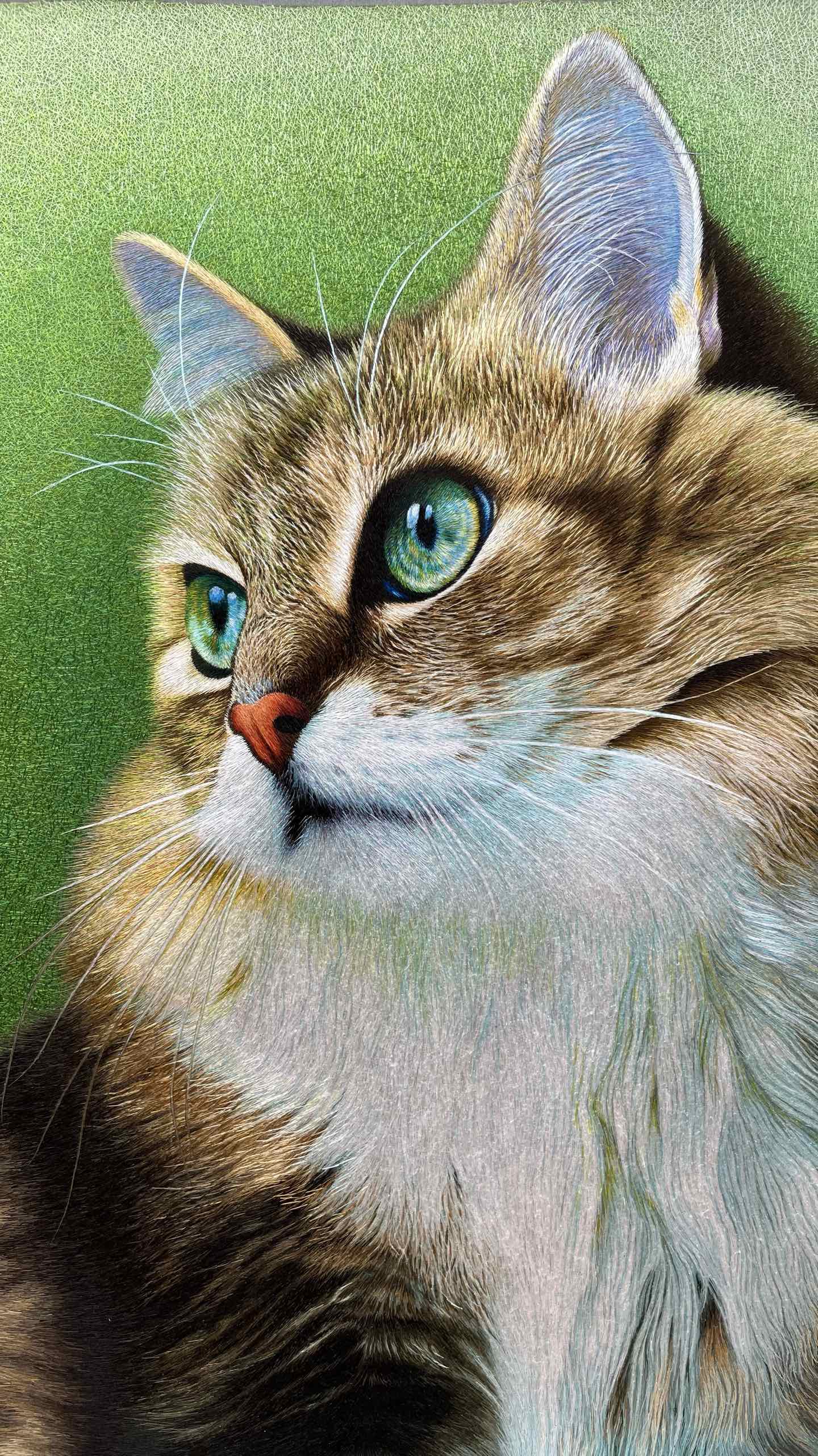绿底猫咪苏绣作品的面部细节