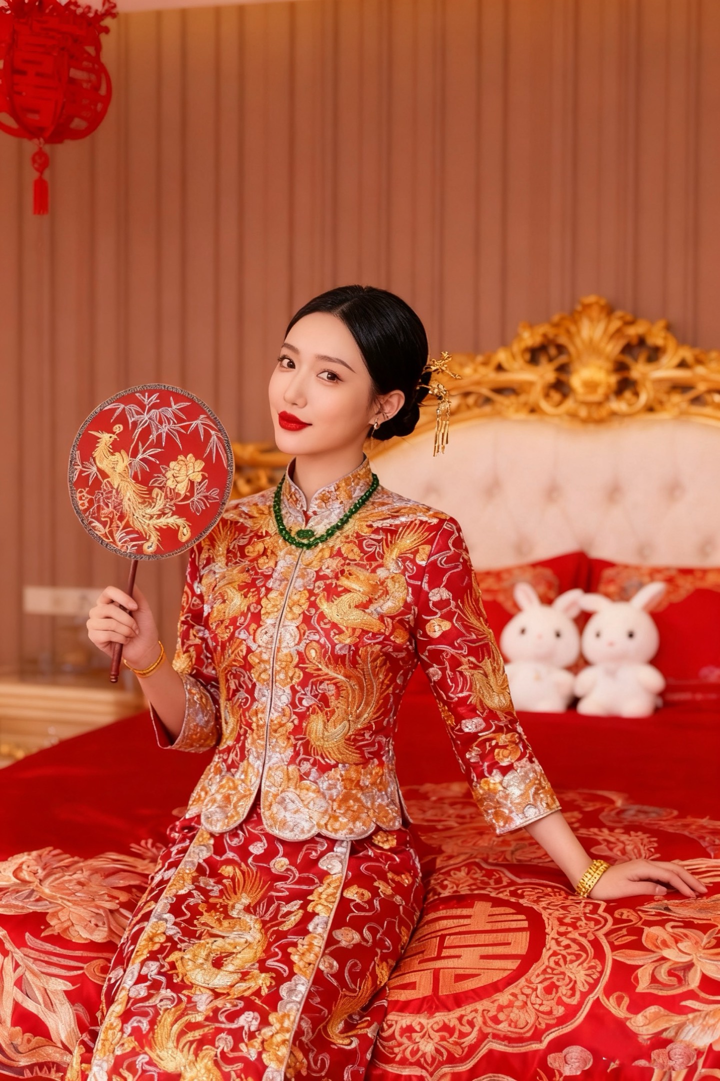 身着中式婚服手持苏绣团扇的新娘